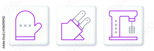 Set line Electric mixer, Oven glove and Knife icon. Vector