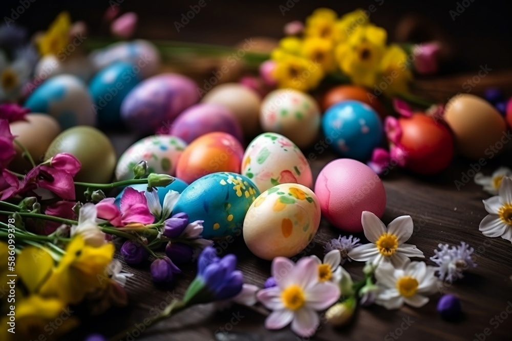 Easter eggs and flowers composition.