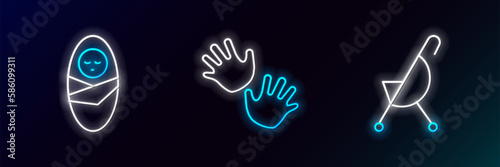Set line Baby stroller, Newborn baby infant swaddled and hands print icon. Glowing neon. Vector