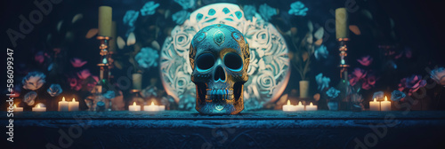Día de Muertos altar with skull, set against an eye-catching blue background. Generative AI