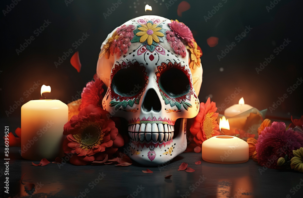 Traditional Día de Muertos altar with colorful skull, white background. Generative AI Traditional Día de Muertos altar with colorful skull, white background. Generative AI