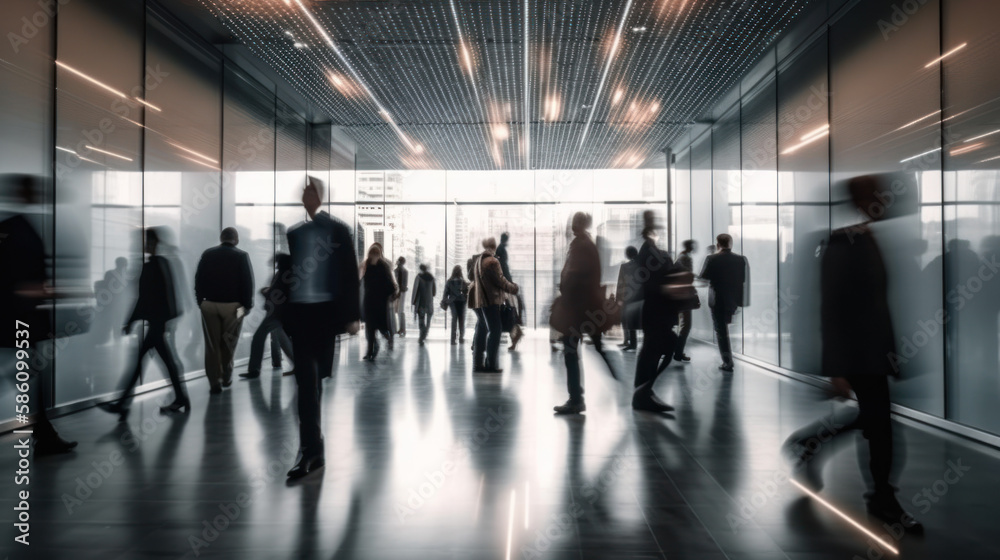 Foule femmes et hommes d'affaires marchant dans un hall de bureau, à contre-jour, mouvement rapide, lumière floue 