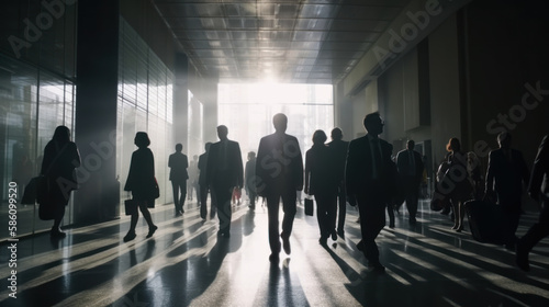 Foule femmes et hommes d'affaires marchant dans un hall de bureau, à contre-jour, mouvement rapide, lumière floue 