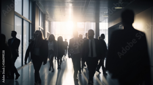 Foule femmes et hommes d'affaires marchant dans un hall de bureau, à contre-jour, mouvement rapide, lumière floue 