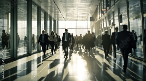 Foule femmes et hommes d'affaires marchant dans un hall de bureau, à contre-jour, mouvement rapide, lumière floue 