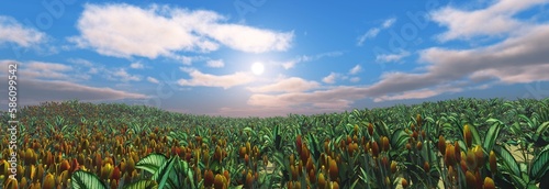 Spring meadow with flowers in the rays of the rising sun, 3d rendering