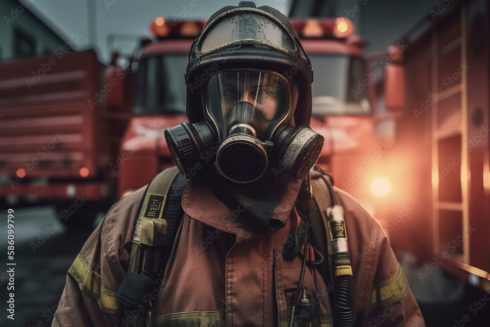 Fireman in action: portrait with gas mask and helmet, fire engine in the background. Generative AI Fireman in action: portrait with gas mask and helmet, fire engine in the background. Generative AI