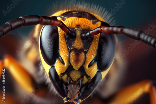Ultra-detailed extreme macro photograph of a wasp head. Generative AI
