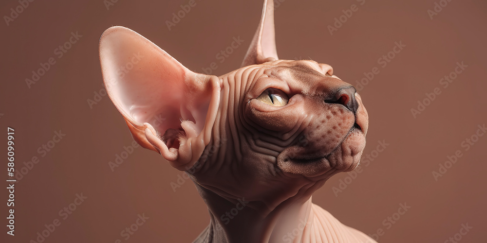 Adorable sphynx cat tilting head, isolated on a beige-brown background. Generative AI
