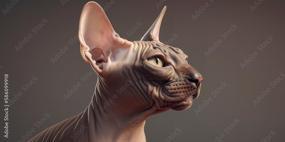 Quirky sphynx cat portrait with head tilted, set against a beige-brown backdrop. Generative AI