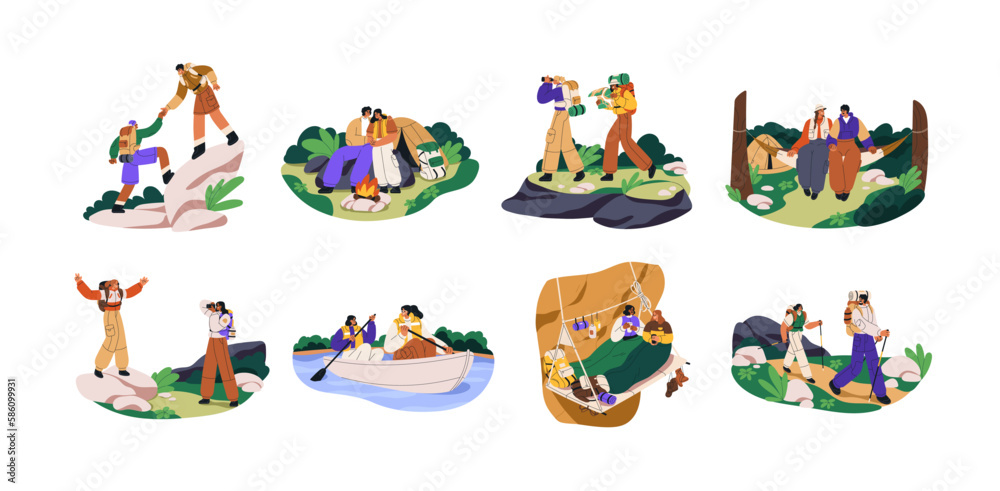 Naklejka premium Hikers couples during nature adventure, travel with backpacks on summer vacation. People, friends hiking, trekking, camping, walking set. Flat graphic vector illustrations isolated on white background