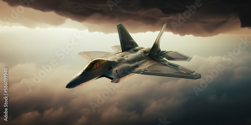 Advanced F-22 Raptor navigating an electrifying lightning storm. Generative AI