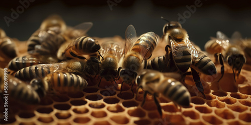 Bees in harmony, working on a honeycomb filled with honey. Generative AI © Lemart