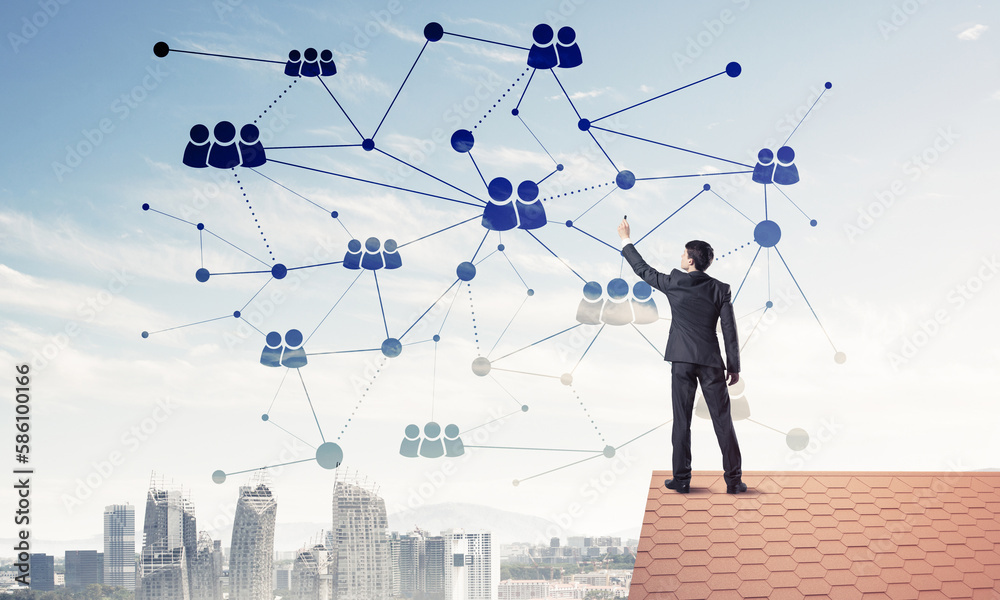 Businessman on house roof presenting networking and connection c Businessman on house roof presenting networking and connection c