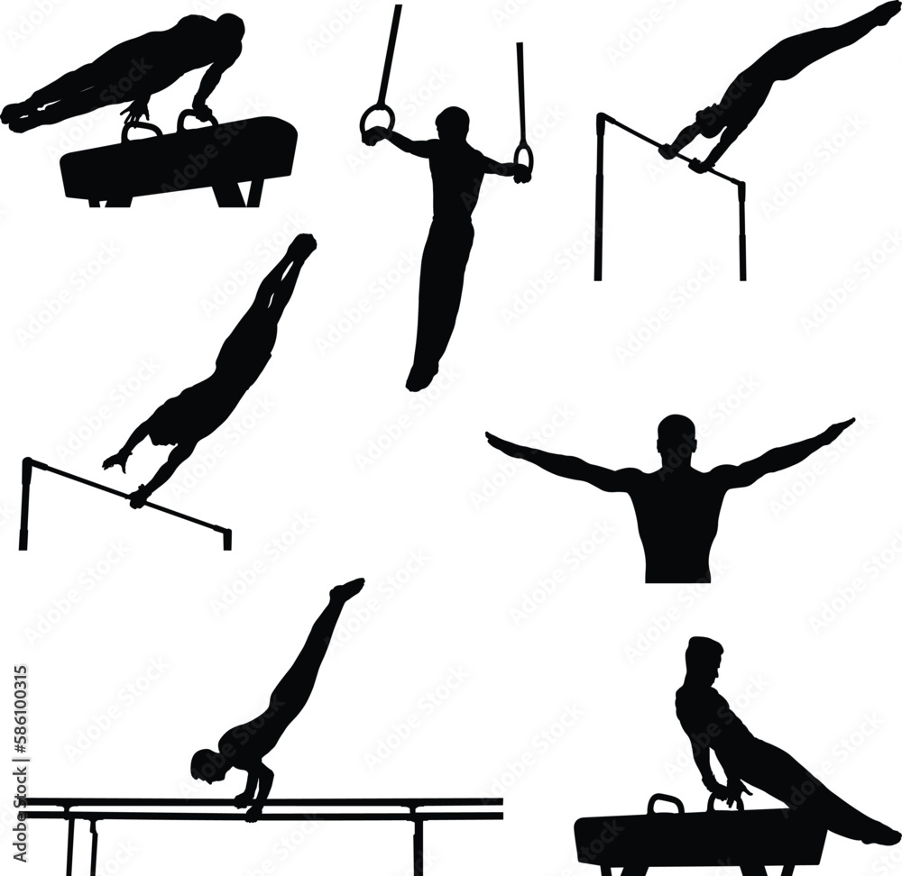 set male athletes gymnastics silhouette exercise pommel horse, still