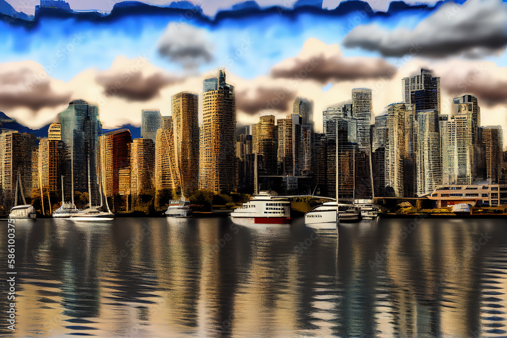 Fototapeta premium Vancouver skyline with harbor, British Columbia, Canada. Generative Ai