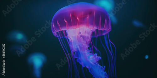 Glowing jellyfish exhibit, showcasing neon and fluorescent hues. Generative AI