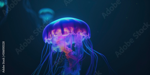 Mesmerizing fluorescent jellyfish swimming in darkness. Generative AI © Lemart