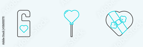 Set line Candy in heart shaped box, Please do not disturb with and Balloons form of icon. Vector