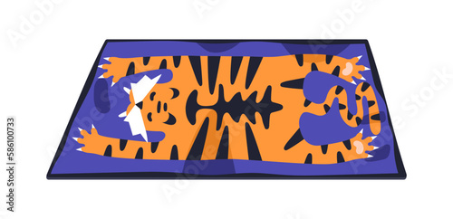 Funny carpet with tiger animal print. Childish floor mat design. Kids nursery room rug. Floor decoration of rectangle shape. Flat vector illustration isolated on white background