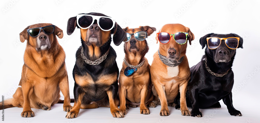 Portrait of a group of dogs with sunglasses posing for the camera. Isolated background. Generative AI