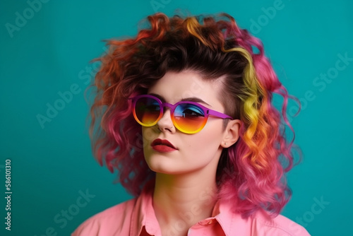 fashion girl with rainobw hair and colorful make up posing on camera, generative ai illustration