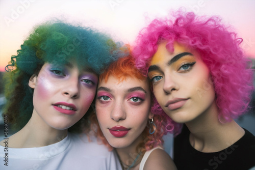 young fashion girls with particular hairstyle and makeup making selfies outdoor and having fun together, generative ai illustration