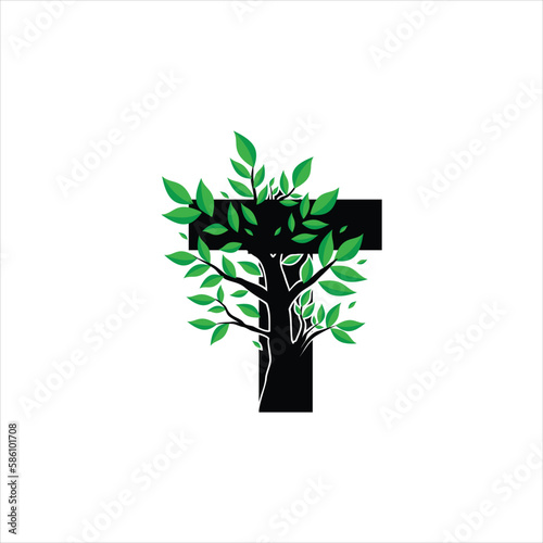 T letter with tree logo design icon symbol