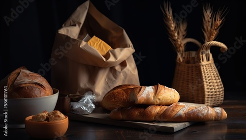 Paper bag with bread and basket of pastry. Generative ai