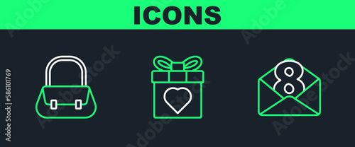 Set line Envelope with 8 March, Handbag and Gift box heart icon. Vector