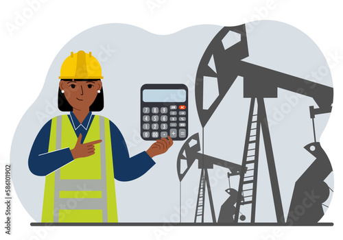 A female refinery engineer worker uses a tableted oil pumping unit. Energy industrial zone, oil drilling.