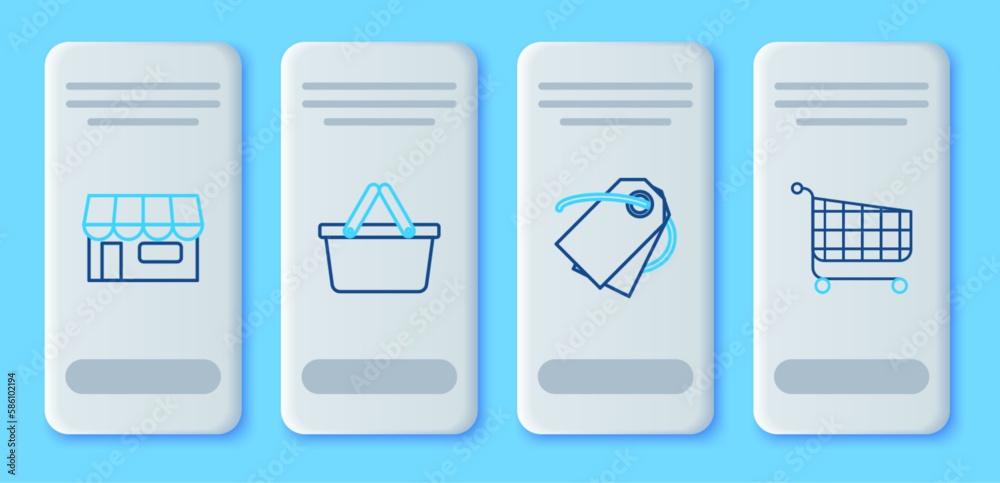 Set line Shopping basket, Blank label template price tag, building or market store and cart icon. Vector Set line Shopping basket, Blank label template price tag, building or market store and cart icon. Vector