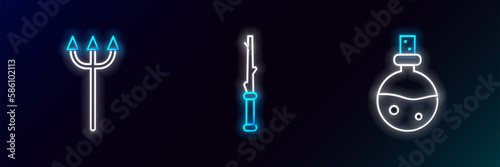 Set line Bottle with love potion, Neptune Trident and Magic wand icon. Glowing neon. Vector