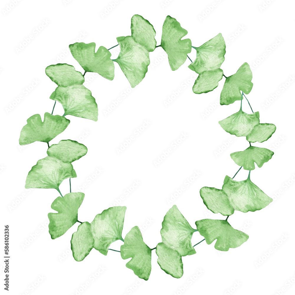 Fototapeta premium Watercolor frame - illustration with green leaves and branches and golden elements, for wedding stationery, congratulations, wallpapers, and more on white background.