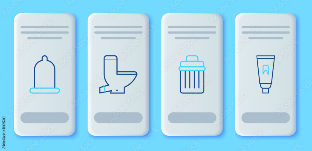 Set line Toilet bowl, Trash can, Condom and Tube of toothpaste icon. Vector Set line Toilet bowl, Trash can, Condom and Tube of toothpaste icon. Vector