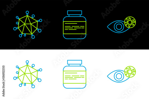 Set line Reddish eye due to virus, Virus and Medicine bottle and pills icon. Vector