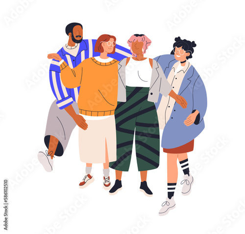 People group portrait. Happy man and women friends standing together. Modern positive community. Togetherness, good friendly relationship concept. Flat vector illustration isolated on white background