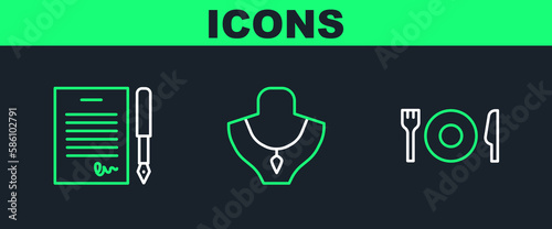 Set line Plate, fork and knife, Marriage contract and Necklace mannequin icon. Vector