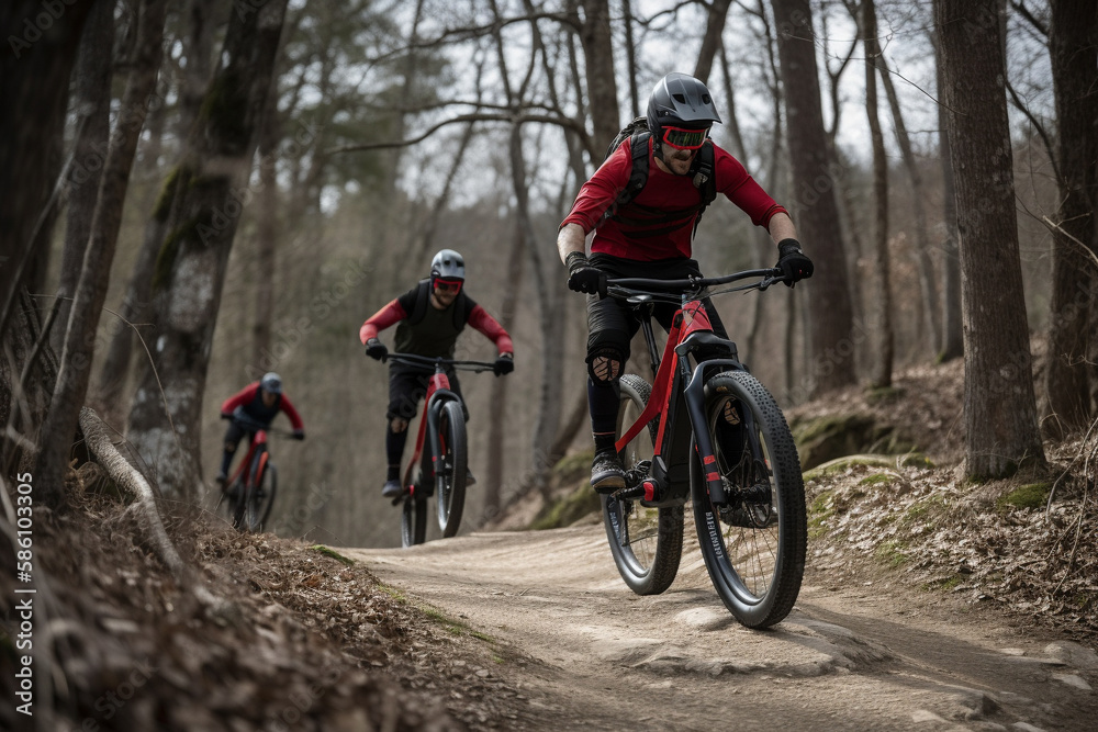 Naklejka premium Athletes Mountain Biking on a Trail with Mountain Range in the Background. AI Generated