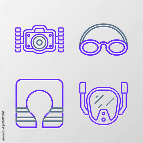 Set line Diving mask, Life jacket, Glasses and cap and Photo camera icon. Vector