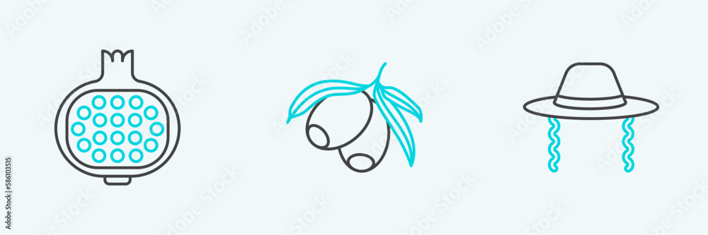 Set line Orthodox jewish hat, Pomegranate and Olives branch icon. Vector Set line Orthodox jewish hat, Pomegranate and Olives branch icon. Vector
