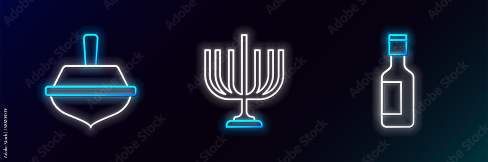 Set line Jewish wine bottle, Hanukkah dreidel and menorah icon. Glowing neon. Vector
