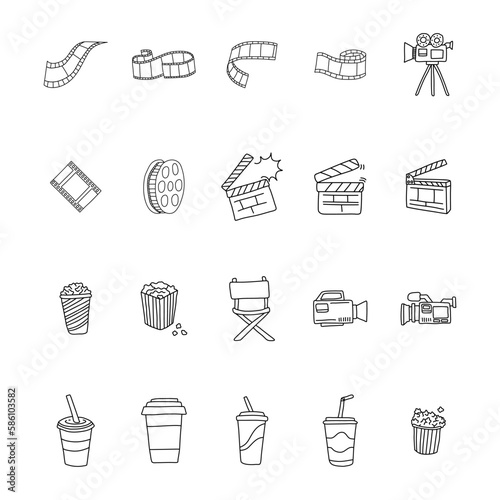 Cinema in doodle style. Making movie, film, tv, video concept. Hand drawn vintage vector illustration