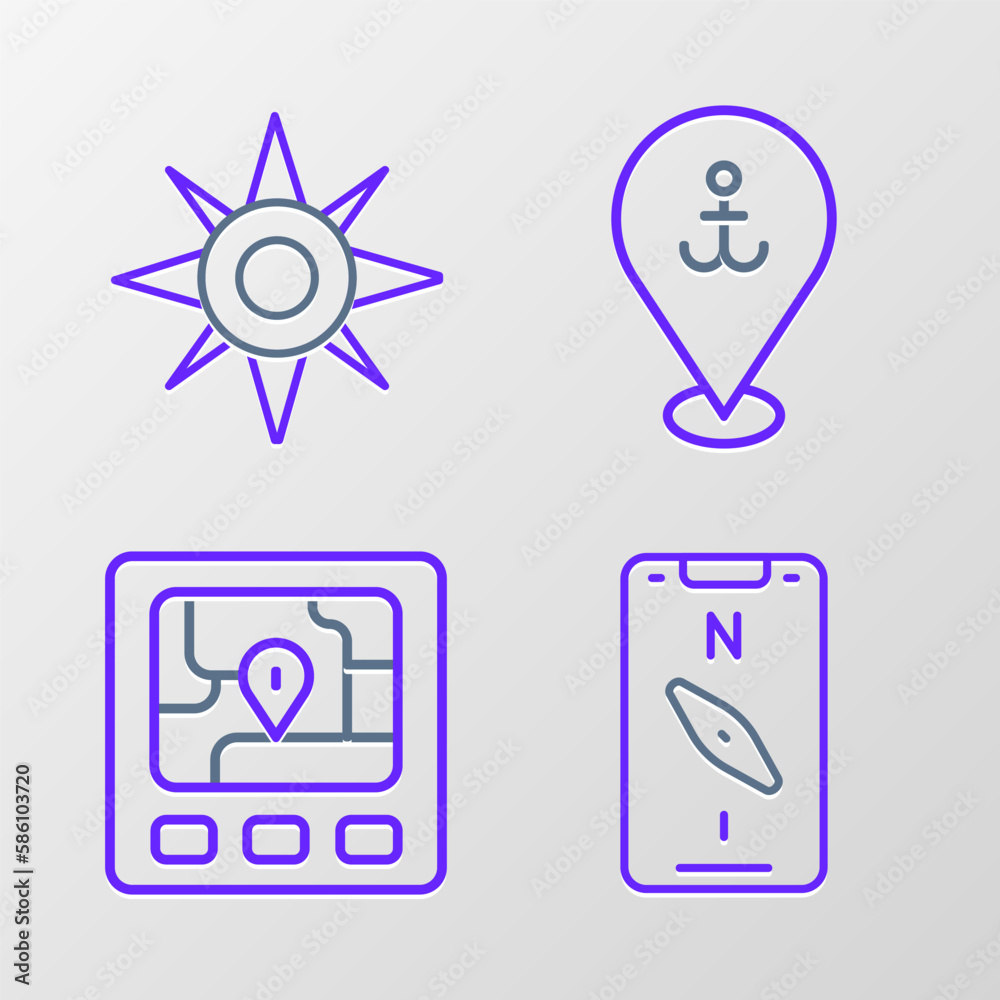 Set line Compass on mobile, Gps device with map, Location anchor and Wind rose icon. Vector Set line Compass on mobile, Gps device with map, Location anchor and Wind rose icon. Vector