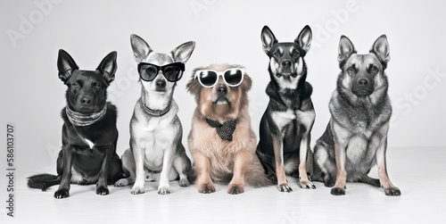 Portrait of a group of dogs with sunglasses posing for the camera. Isolated background. Generative AI © Farnaces