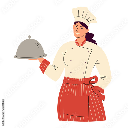 Smiling woman chef in toque and uniform. A woman holds a platter cloche in her hand. Portrait of a happy kitchen worker. Flat style isolated on white. Vector illustration.