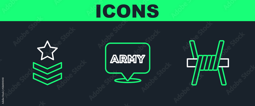 Set line Barbed wire, Military rank and army icon. Vector Set line Barbed wire, Military rank and army icon. Vector