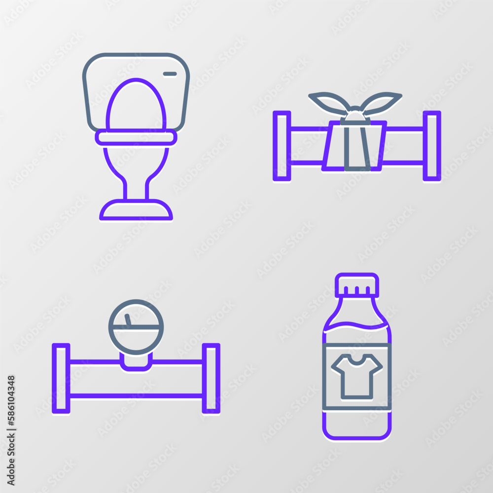 Set line Bottle for cleaning agent, Industry pipe and manometer, metallic and Toilet bowl icon. Vector Set line Bottle for cleaning agent, Industry pipe and manometer, metallic and Toilet bowl icon. Vector