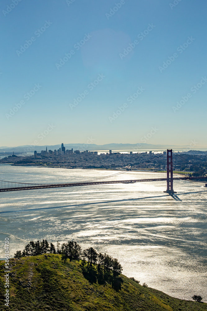 skyline of San Francisco with golden gate bridge in sunset