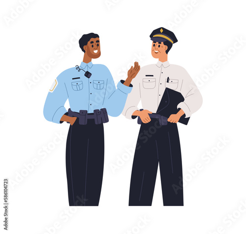 Police officers talking. Policemen colleagues communication. Men cops in uniform speaking, discussing. Young person asking mature coworker. Flat vector illustration isolated on white background